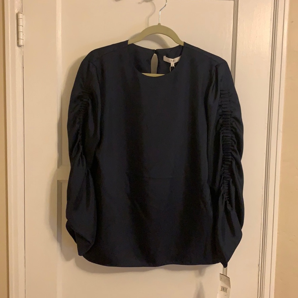 Tibi Navy Ruched Sleeve Blouse NWT - Size 8